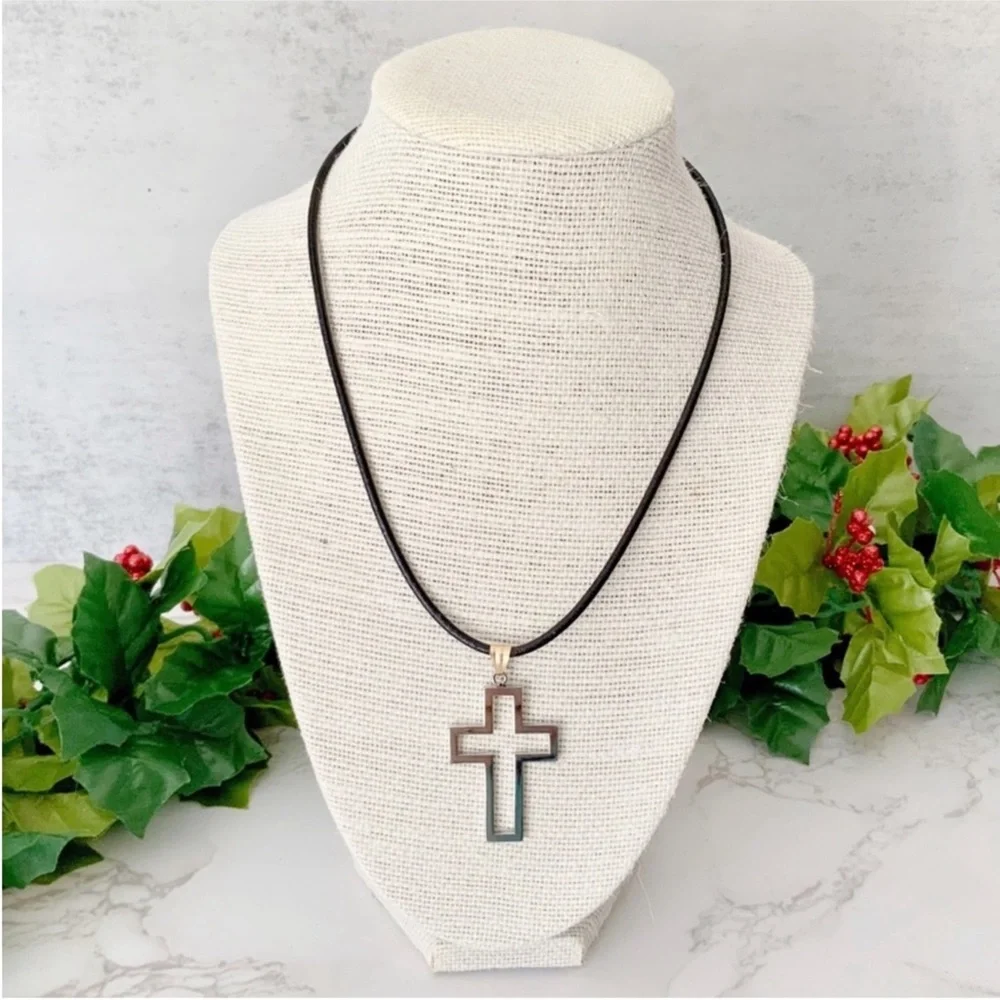 Stainless Steel Open Cross Pendant on 17” Black Cord
